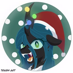 Size: 2028x2048 | Tagged: safe, artist:eltrash_art6, derpibooru import, queen chrysalis, changeling, changeling queen, g4, angry, christmas, christmas changeling, christmas lights, clothes, coat, fangs, hat, holiday, icon, open mouth, santa hat, snow, solo, white pupils