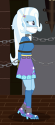 Size: 587x1334 | Tagged: safe, artist:robukun, derpibooru import, trixie, human, equestria girls, g4, ankle chain, arm behind back, bondage, bondage mitts, bound and gagged, chains, cloth gag, collar, gag