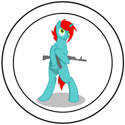 Size: 1280x1280 | Tagged: safe, artist:ryadovoy eqw, derpibooru import, oc, oc only, pony, unicorn, ak, ak-103, ak-47, assault rifle, green eyes, gun, horn, male, male oc, red mane, rifle, shadow, simple background, solo, unicorn oc, weapon, white background