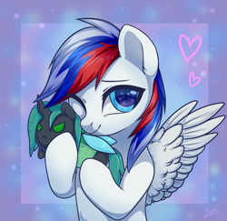 Size: 1759x1708 | Tagged: safe, artist:lina, derpibooru import, queen chrysalis, oc, oc:marussia, pegasus, pony, g4, bust, canon x oc, commission, hug, looking at you, nation ponies, one eye closed, plushie, pony plushie, portrait, russia, wings