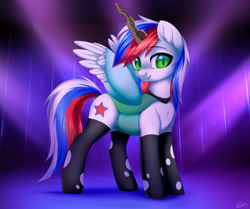 Size: 2333x1950 | Tagged: safe, artist:lina, derpibooru import, oc, oc only, oc:marussia, pegasus, pony, changeling costume, clothes, commission, cosplay, costume, fake horn, full body, looking at you, nation ponies, russia, socks, solo, spread wings, wings