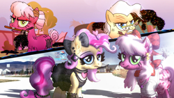 Size: 4192x2358 | Tagged: safe, artist:yourboimario, derpibooru import, cheerilee, mayor mare, earth pony, pony, g4, alternate universe, axe, bandage, bow, clothes, cut mane, duo, ear piercing, earring, eyeshadow, female, glasses, hair bun, hairclip, high res, infection au, irl, jewelry, makeup, mare, necklace, non-dyed mayor, photo, piercing, ponies in real life, scar, survivor, torn hair, weapon