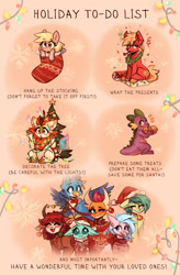 Size: 1890x2886 | Tagged: safe, artist:polnocnykot, derpibooru import, autumn blaze, big macintosh, derpy hooves, gallus, ocellus, sandbar, silverstream, smolder, spike, yona, changeling, deer, dragon, earth pony, griffon, hippogriff, pegasus, pony, yak, g4, awkward, awwtumn blaze, beak, bell, blushing, christmas, christmas gift, christmas lights, christmas stocking, christmas sweater, christmas tree, christmas wreath, clothes, confetti, cookie, cute, ear fluff, ears, eating, emanata, eyes closed, female, floppy ears, food, garland, group, happy, hat, holiday, imminent nirik, lidded eyes, looking at you, looking back, male, nirik fire, open mouth, question mark, raised hoof, raised leg, santa hat, silly, silly pony, sitting, smiling, smiling at you, smirk, smol, smug, snow, snowflake, spread wings, stars, stockings, sweater, thigh highs, tree, unshorn fetlocks, wings, wreath, yonadorable