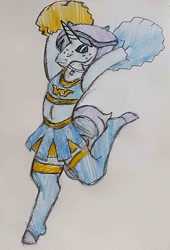 Size: 1216x1784 | Tagged: safe, artist:midday sun, derpibooru import, oc, oc:witching hour, semi-anthro, cheerleader, cheerleader outfit, clothes, crossdressing, eyes closed, freckles, hooves, male, one leg raised, pom pom, short shirt, skirt, solo, stallion, stockings, thigh highs, traditional art