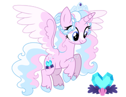 Size: 1280x990 | Tagged: safe, artist:strawberry-spritz, derpibooru import, oc, oc only, alicorn, pony, g4, alicorn oc, base used, blaze (coat marking), blue eyes, blue hooves, braid, coat markings, colored hooves, colored wings, colored wingtips, commission, crown, eyelashes, facial markings, female, female oc, fling, freckles, hooves, horn, jewelry, leg freckles, looking down, mare, mare oc, offspring, parent:princess cadance, parent:shining armor, parents:shiningcadance, pink coat, rainbow freckles, regalia, smiling, solo, spread wings, tail, three toned mane, three toned tail, three uqarter view, tiara, tied mane, two toned mane, two toned wings, unicorn horn, unshorn fetlocks, wavy mane, wavy tail, white wingtips, wings