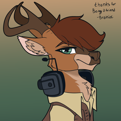 Size: 3000x3000 | Tagged: safe, artist:brainiac, derpibooru import, oc, oc:redwood, deer, antlers, bust, christmas, deer oc, ear fluff, ears, headphones, headset, holiday, male, microphone, non-pony oc, solo, text