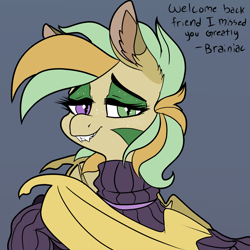 Size: 3000x3000 | Tagged: safe, artist:brainiac, derpibooru import, oc, oc:apple crisp, bat pony, bust, christmas, female, holiday, mare, solo, text