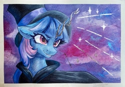 Size: 3973x2771 | Tagged: safe, artist:jsunlight, derpibooru import, oc, oc:flawless sparklemoon, pony, unicorn, bust, fusion, fusion:trixie, fusion:twilight sparkle, fusion:twixie, horn, solo, traditional art, watercolor painting