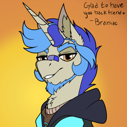 Size: 3000x3000 | Tagged: safe, artist:brainiac, derpibooru import, oc, oc:tom, unicorn, bust, christmas, holiday, horn, male, solo, stallion, text