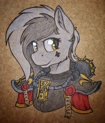 Size: 1980x2326 | Tagged: safe, artist:cmdraj, derpibooru import, oc, oc:graeyscale, pony, adepta sororitas, armor, crossover, purity seal, solo, tattoo, traditional art, warhammer (game), warhammer 40k