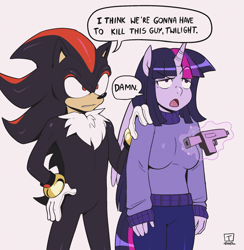 Size: 1120x1148 | Tagged: safe, artist:traupa, derpibooru import, twilight sparkle, twilight sparkle (alicorn), alicorn, anthro, hedgehog, g4, duo, duo male and female, female, i think we're gonna have to kill this guy, male, meme, shadow the hedgehog, sonic the hedgehog (series)