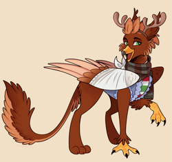 Size: 1253x1180 | Tagged: safe, artist:wanderingpegasus, derpibooru import, oc, oc:pavlos, griffon, antlers, bandage, beak, broken bone, broken wing, cast, cheek fluff, claws, clothes, colored wings, commission, eared griffon, griffon oc, injured, non-pony oc, nonbinary, reindeer antlers, scarf, sling, tail, wings