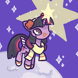 Size: 1920x1920 | Tagged: safe, artist:croustillon, derpibooru import, twilight sparkle, twilight sparkle (alicorn), alicorn, pony, g4, clothes, female, glowing, glowing horn, horn, mare, open mouth, open smile, scarf, simple background, smiling, solo, stars, tangible heavenly object, winter outfit