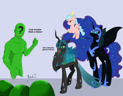 Size: 6430x5000 | Tagged: safe, artist:lillslim, derpibooru import, cozy glow, nightmare moon, queen chrysalis, oc, oc:anon, alicorn, changeling, changeling queen, human, pegasus, pony, g4, absurd resolution, dialogue, drawthread, female, filly, foal, mare, raised hoof, raised leg, requested art, seductive look, text, this will end in death, tongue, tongue out