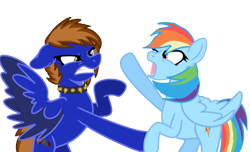 Size: 1151x699 | Tagged: safe, anonymous artist, derpibooru import, rainbow dash, oc, oc:emna tempest, pegasus, g4, .svg available, aggressive, angry, base used, choker, duo, female, fight, gritted teeth, mare, show accurate, shrunken pupils, simple background, spiked choker, spread wings, svg, teeth, transparent background, vector, wings