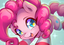 Size: 1323x935 | Tagged: safe, artist:chaosangeldesu, derpibooru import, pinkie pie, earth pony, pony, g4, blushing, clothes, cute, female, looking at you, simple background, smiling, smiling at you, socks, solo