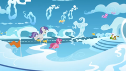 Size: 1366x768 | Tagged: safe, derpibooru import, screencap, gilda, mango dash, pinkie feather, sweet pop, tornado bolt, pony, g4, the lost treasure of griffonstone, cupid (g4), my little pony: friendship is magic