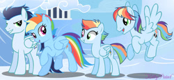 Size: 750x349 | Tagged: safe, artist:kittypaintyt, derpibooru import, rainbow dash, soarin', oc, oc:fleeting rainbow, oc:strong rainbow, pegasus, pony, g4, female, male, mare, offspring, parent:rainbow dash, parent:soarin', parents:soarindash, shipping, soarindash, stallion, straight