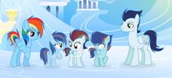 Size: 750x343 | Tagged: safe, artist:pancakeartyt, derpibooru import, rainbow dash, soarin', pegasus, pony, g4, blind, blind eye, female, filly, foal, male, mare, offspring, parent:rainbow dash, parent:soarin', parents:soarindash, shipping, soarindash, stallion, straight, triplets