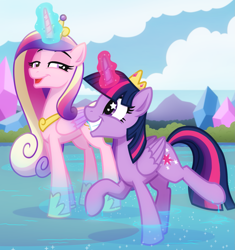 Size: 1733x1841 | Tagged: safe, alternate version, artist:whitequartztheartist, derpibooru import, princess cadance, twilight sparkle, twilight sparkle (alicorn), alicorn, pony, comic:the princess of love, g4, crown, female, glowing, glowing horn, grin, hoof shoes, horn, jewelry, looking at each other, looking at someone, magic, mare, open mouth, outdoors, partially submerged, peytral, princess shoes, regalia, smiling, sparkles, standing in water, starry eyes, style test, the princess of love test art, water, wingding eyes