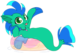 Size: 5465x3806 | Tagged: safe, artist:cutepencilcase, derpibooru import, oc, oc only, seapony (g4), :p, commission, donut, dorsal fin, fin, fin ears, fin wings, fins, fish tail, food, inner tube, looking at you, pool toy, simple background, smiling, smiling at you, solo, tail, tongue, tongue out, transparent background, wings, ych result