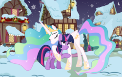 Size: 3040x1922 | Tagged: safe, artist:shieldwingarmorofgod, derpibooru import, princess celestia, twilight sparkle, twilight sparkle (alicorn), alicorn, g4, duo, duo female, female, holiday, ponyville, snow