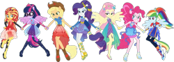 Size: 1583x565 | Tagged: safe, derpibooru import, edit, edited screencap, editor:pascalmulokozi2, screencap, applejack, fluttershy, pinkie pie, rainbow dash, rarity, sci-twi, sunset shimmer, twilight sparkle, human, better together, equestria girls, g4, rollercoaster of friendship, applejack's hat, background removed, bare shoulders, clothes, cowboy hat, dress, equestria girls specials, hat, mane six, not a vector, outfit, outfits, ponied up, rainbow power, simple background, sleeveless, sparkles, transparent background