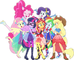 Size: 1265x1031 | Tagged: safe, derpibooru import, edit, edited screencap, editor:pascalmulokozi2, screencap, applejack, fluttershy, pinkie pie, rainbow dash, rarity, sci-twi, sunset shimmer, twilight sparkle, human, equestria girls, forgotten friendship, g4, applejack's hat, bare shoulders, boots, clothes, cowboy hat, dress, equestria girls specials, group, group hug, happy, hat, hug, mane six, not a vector, outfit, outfits, ponied up, rainbow power, shoes, simple background, sleeveless, smiling, transparent background