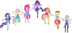 Size: 1987x915 | Tagged: safe, derpibooru import, edit, edited screencap, editor:pascalmulokozi2, screencap, applejack, fluttershy, pinkie pie, rainbow dash, rarity, sci-twi, sunset shimmer, twilight sparkle, human, equestria girls, forgotten friendship, g4, applejack's hat, background removed, bare shoulders, boots, clothes, cowboy hat, equestria girls specials, hat, holding hands, mane six, not a vector, outfit, outfits, ponied up, rainbow power, shoes, simple background, sleeveless, transparent background