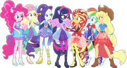 Size: 1540x834 | Tagged: safe, derpibooru import, edit, edited screencap, editor:pascalmulokozi2, screencap, applejack, fluttershy, pinkie pie, rainbow dash, rarity, sci-twi, sunset shimmer, twilight sparkle, human, equestria girls, forgotten friendship, g4, applejack's hat, background removed, bare shoulders, clothes, cowboy hat, equestria girls specials, hat, mane six, not a vector, ponied up, rainbow power, simple background, sleeveless, smiling, transparent background, worried