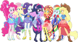 Size: 1530x835 | Tagged: safe, derpibooru import, edit, edited screencap, editor:pascalmulokozi2, screencap, applejack, fluttershy, pinkie pie, rainbow dash, rarity, sci-twi, spike, sunset shimmer, twilight sparkle, human, better together, equestria girls, forgotten friendship, g4, background removed, bare shoulders, equestria girls specials, humane five, humane seven, humane six, mane seven, mane six, not a vector, simple background, sleeveless, transparent background