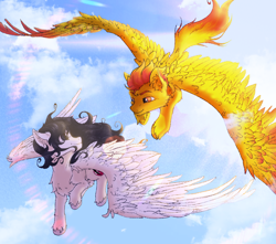 Size: 1970x1740 | Tagged: safe, artist:stoopf, derpibooru import, oc, oc only, oc:dexstar, oc:dream weaver, pegasus, angelic wings, chest fluff, cloud, duo, flying, large wings, lens flare, looking at each other, looking at someone, male, sky, stallion, sun, wings