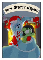 Size: 2000x2828 | Tagged: safe, artist:mightyshockwave, derpibooru import, oc, oc only, oc:anon filly, oc:icicle slither, lamia, original species, christmas, christmas card, clothes, coils, female, filly, fireplace, foal, hat, hearth's warming eve, holiday, santa hat, stockings, thigh highs