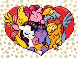 Size: 3000x2248 | Tagged: safe, artist:dariarchangel, derpibooru import, applejack, fluttershy, pinkie pie, rainbow dash, rarity, twilight sparkle, unicorn twilight, earth pony, pegasus, unicorn, g4, ^^, adorable face, applejack's hat, bangs, best friends, blonde, blonde hair, blonde mane, blue coat, blue eyeshadow, bust, c:, clothes, cowboy hat, curly hair, curly mane, cute, cute face, cute smile, daaaaaaaaaaaw, dariarchangel is trying to murder us, dashabetes, diapinkes, ears, eyes closed, eyeshadow, female, floppy ears, freckles, friends, group, group hug, group picture, group shot, hair tie, hat, heart, heartwarming, hnnng, horn, hug, jackabetes, long hair, long mane, makeup, mane six, mane tie, mare, multicolored hair, multicolored mane, orange coat, pegasus wings, pink coat, pink hair, pink mane, portrait, purple coat, purple hair, purple mane, rainbow hair, raribetes, sextet, shyabetes, smiling, snow, snowflake, spread wings, stetson, straight hair, straight mane, sweet dreams fuel, three toned mane, three toned tail, tied hair, tied mane, too cute, traditional art, twiabetes, wavy hair, wavy mane, weapons-grade cute, white coat, wings, yellow coat