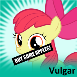 Size: 1024x1024 | Tagged: safe, artist:the smiling pony, derpibooru import, apple bloom, earth pony, pony, friendship is witchcraft, g4, apple bloom's bow, bow, buy some apples, derpibooru, female, filly, foal, golden eyes, hair bow, hilarious in hindsight, icon, looking at you, meme, meta, meta:vulgar, official spoiler image, open mouth, open smile, prank, red hair, red mane, smiling, solo, spoiler joke, spoiler tag, spoilered image joke, yellow body, yellow coat, yellow fur, yellow pony