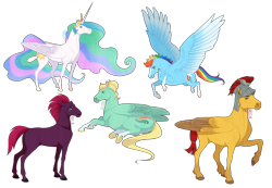 Size: 2941x2039 | Tagged: safe, artist:badass-doctor, derpibooru import, flash magnus, princess celestia, rainbow dash, tempest shadow, zephyr breeze, alicorn, pegasus, pony, unicorn, g4, my little pony: the movie, blaze (coat marking), coat markings, crown, eye scar, facial markings, facial scar, female, flying, helmet, hoers, horn, jewelry, male, mare, raised hoof, raised leg, realistic, realistic anatomy, realistic horse legs, regalia, scar, simple background, socks (coat marking), spread wings, stallion, transparent background, wings