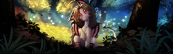 Size: 1920x603 | Tagged: safe, artist:viryav, derpibooru import, oc, oc only, oc:tyutya, butterfly, demon, demon pony, pony, blushing, branches, brown hair, bush, chest fluff, clothes, colored pupils, colorful, complex background, devil tail, eye clipping through hair, eyebrows, eyebrows visible through hair, facial markings, female, flower, fluffy, forest, full body, grass, gray eyes, horns, leaves, long hair, looking at you, mare, mare oc, nature, pink pupils, question mark, shiny mane, signature, slender, socks, solo, sticks, stockings, sun rays, tail, thigh highs, thin, tree, white body