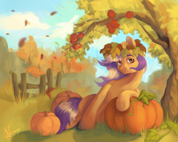 Size: 1280x1025 | Tagged: safe, artist:nexya05, derpibooru import, oc, oc only, earth pony, pony, autumn, female, fence, leaves, mare, outdoors, pumpkin, solo, tree