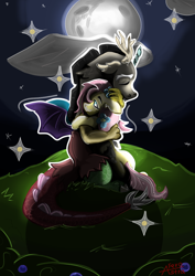 Size: 4000x5658 | Tagged: safe, artist:gabbygums21, derpibooru import, discord, fluttershy, draconequus, pegasus, pony, g4, discoshy, female, flower, flower in hair, grass, grass field, hug, male, mare, moon, night, outdoors, shipping, signature, sparkles, straight