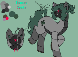 Size: 1394x1014 | Tagged: safe, artist:thomas.senko, derpibooru import, oc, oc only, oc:thomas senko, cyclops, earth pony, pony, robot, robot pony, g4, bald, cactus, closed mouth, cutie mark, cyclops pony, ears up, earth pony oc, gray fur, green background, green hair, green mane, green tail, heart, long hair, looking back, male, male oc, my little pony: friendship is magic, no shading, red eye, reference sheet, sad, simple background, solo, stallion, stallion oc, tail