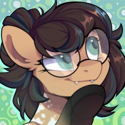 Size: 1000x1000 | Tagged: safe, artist:breloomsgarden, derpibooru import, oc, oc only, oc:nixie tube, bat pony, earth pony, hybrid, abstract background, bust, coat markings, dappled, fangs, female, glasses, portrait, socks (coat marking), solo, thinking