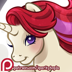 Size: 1200x1200 | Tagged: safe, artist:sparkytopia, derpibooru import, moondancer (g1), pony, unicorn, g1, advertisement, bust, closed mouth, cream coat, female, horn, looking at you, mare, patreon, patreon logo, patreon preview, portrait, purple eyes, red hair, signature, smiling, solo, white coat