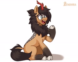 Size: 2048x1638 | Tagged: safe, artist:zendora, derpibooru import, oc, oc only, oc:nixie tube, kirin, cloven hooves, coat markings, commission, female, glasses, simple background, sitting, socks (coat marking), solo, species swap, white background