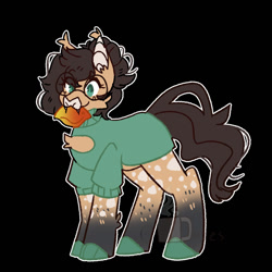 Size: 900x900 | Tagged: safe, artist:coffeedazes, derpibooru import, oc, oc only, oc:nixie tube, bat pony, earth pony, hybrid, bat pony oc, black background, chest fluff, clothes, coat markings, dappled, ear fluff, ears, female, food, glasses, hoof shoes, mango, mouth hold, simple background, socks (coat marking), solo, sweater