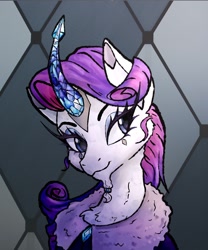 Size: 1170x1406 | Tagged: safe, artist:smolflaffybun, derpibooru import, rarity, unicorn, accessory, beard, clothes, crystal, crystal horn, diamond, digital art, facial hair, female, fur, horn, jewelry, redesign, ring