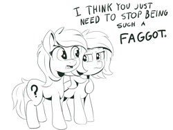 Size: 7200x5400 | Tagged: safe, artist:sigilponies, derpibooru import, oc, oc:anon filly, /mlp/, drawthread, faggot, female, filly, foal, monochrome, slur, text, vulgar