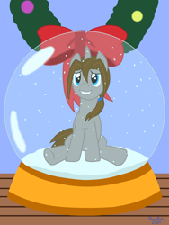 Size: 3072x4096 | Tagged: safe, artist:twiny dust, derpibooru import, oc, oc:dust, pony, unicorn, g4, christmas, christmas wreath, holiday, horn, male, micro, nervous, ponytail, show accurate, shrunken, sitting, smiling, snow globe, solo, stallion, table, tiny, tiny ponies, trapped, trapped in snow globe, wreath