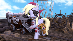 Size: 3840x2160 | Tagged: safe, artist:owlpirate, derpibooru import, derpy hooves, pegasus, pony, g4, 3d, 4k, cannon, cutlass, eyepatch, female, high res, looking at you, mare, mouth hold, outdoors, pirate, ship, smiling, smiling at you, solo, source filmmaker, sword, weapon