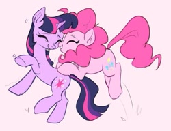 Size: 563x432 | Tagged: safe, artist:tinypurplebrush, derpibooru import, pinkie pie, twilight sparkle, unicorn twilight, earth pony, pony, unicorn, cute, diapinkes, duo, duo female, eyes closed, female, lesbian, mare, open mouth, raised hoof, raised leg, shipping, twiabetes, twinkie