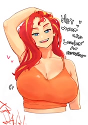 Size: 1400x2000 | Tagged: safe, artist:sozglitch, derpibooru import, sunset shimmer, human, g4, arm behind head, big breasts, breasts, cleavage, clothes, dialogue, female, floating heart, heart, huge breasts, humanized, lidded eyes, light skin, looking at you, open mouth, open smile, signature, simple background, smiling, smiling at you, solo, sunset jiggler, talking to viewer, white background